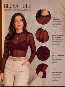 Elegant And Modern Women's Long Sleeve Marsala Wine Tulle Blouse With Mock Neck - 紅木色 - 查看 5