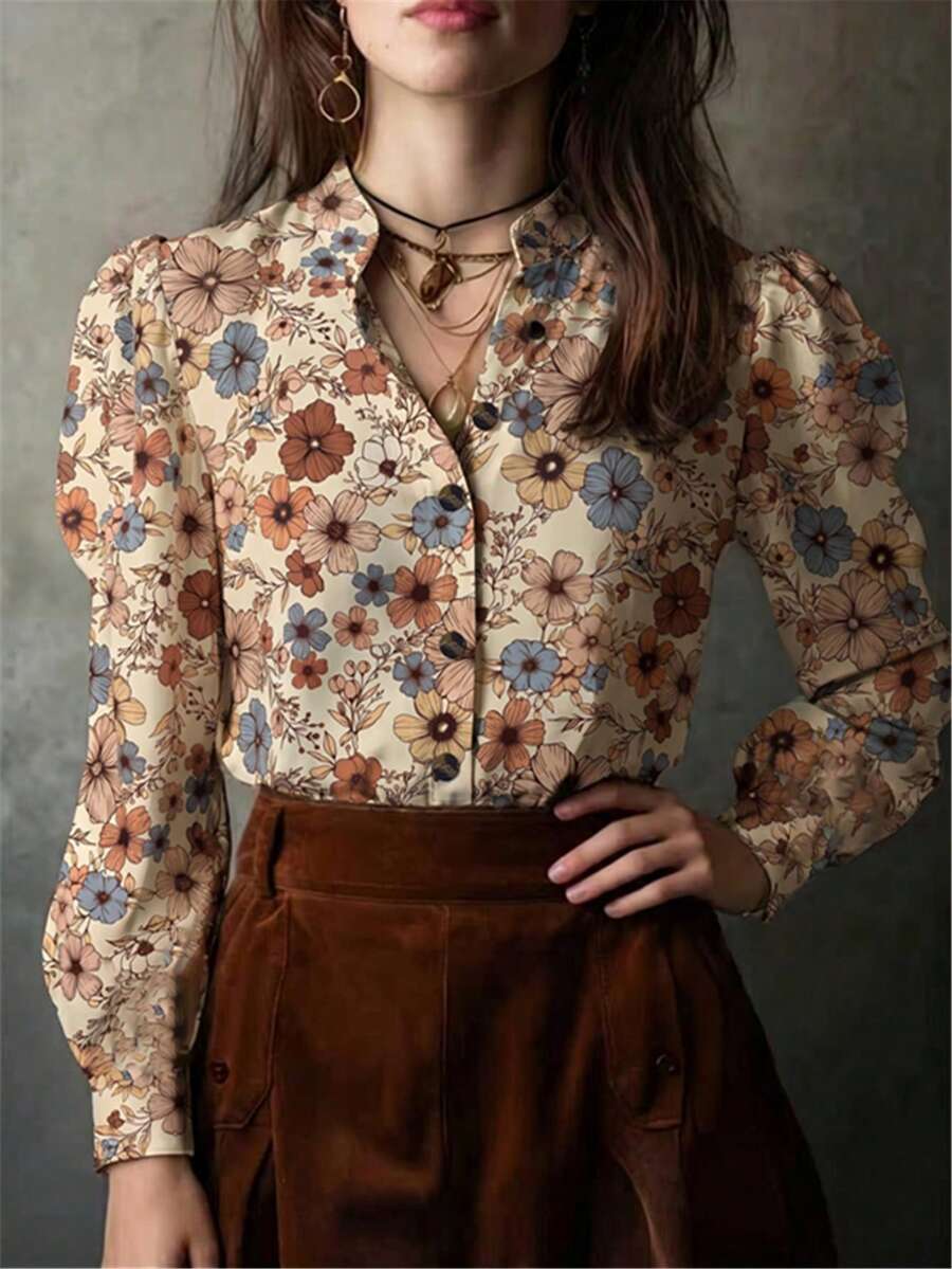 女款復古可愛花瓣袖長袖鈕扣式花卉美式復古時尚休閒優雅襯衫 度假風 - 乳白 - 查看 1