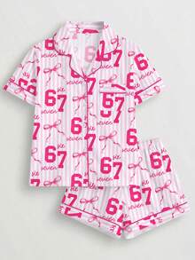 2 pièces Ensemble de pyjama pour femmes, imprimé numéro 67, vêtements d'intérieur pour femmes, tenue de vacances printemps/été, ensemble Top à col à revers à manches courtes et short convenant pour le port extérieur - Blanc - Voir 1