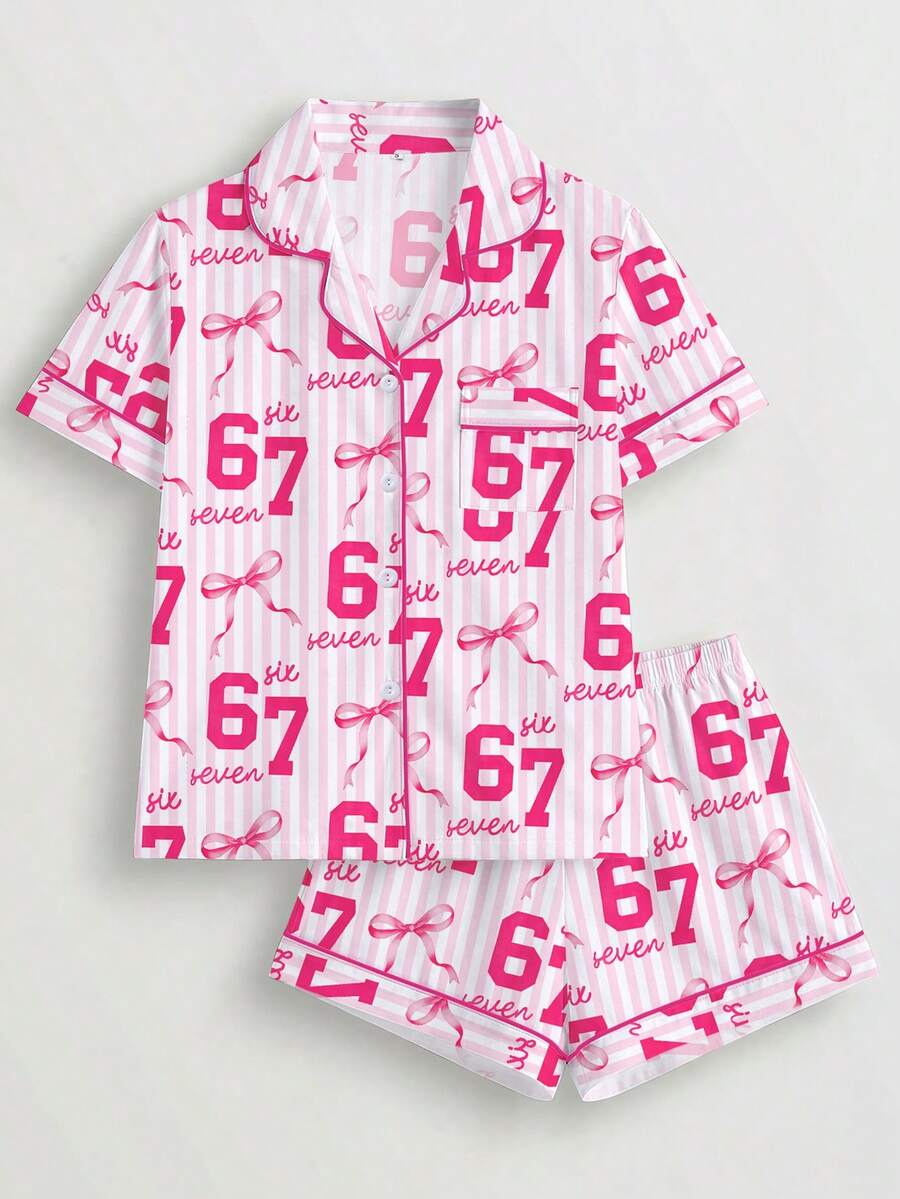 2 pièces Ensemble de pyjama pour femmes, imprimé numéro 67, vêtements d'intérieur pour femmes, tenue de vacances printemps/été, ensemble Top à col à revers à manches courtes et short convenant pour le port extérieur - Blanc - Voir 1