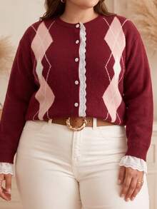 Atasan Rajut Patchwork Renda Kancing Tunggal Jacquard Argyle Ukuran Plus - Merah - View 3