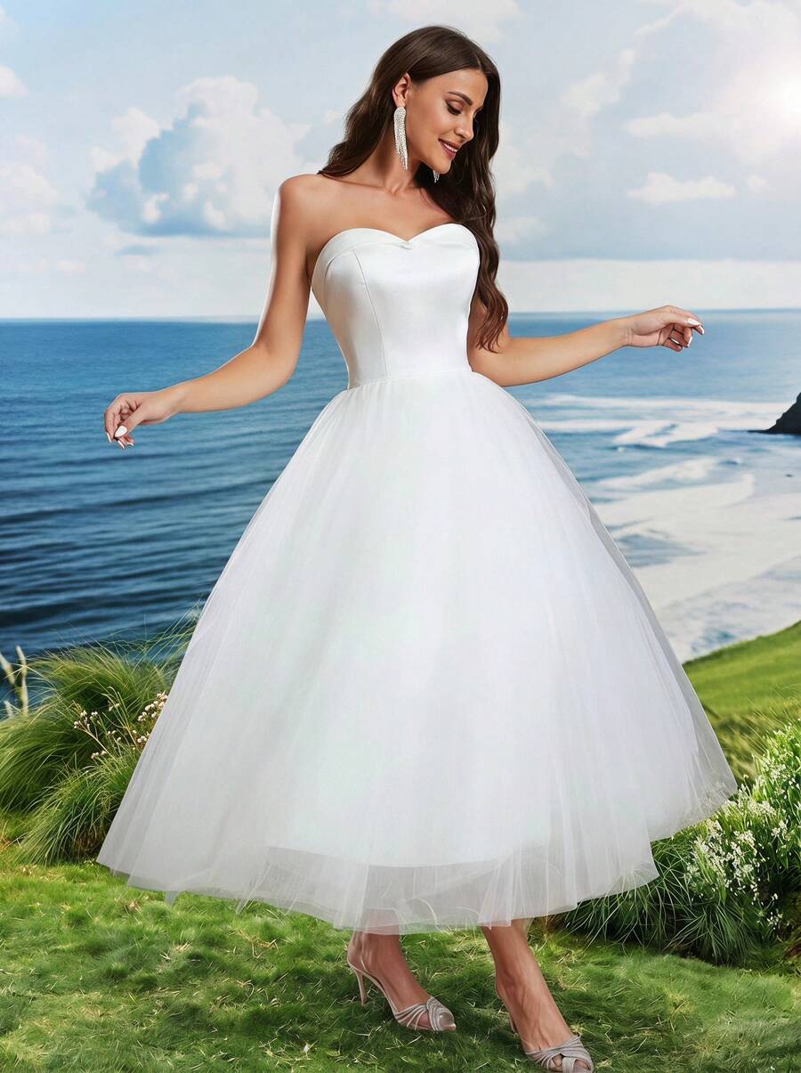 Elasola Satin & Tulle Short Wedding Dress,Bride Spring Elegant White