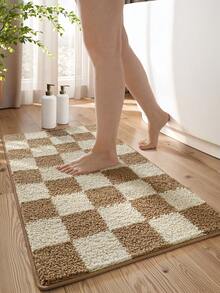 1pc Checkerboard Bathroom Mat, Soft Flocked Non-Slip Bottom Absorbent Comfortable Shower Rug, Machine Washable, Suitable For Sink, Bedroom, Bathroom, Home Decor - Multicolor - View 2