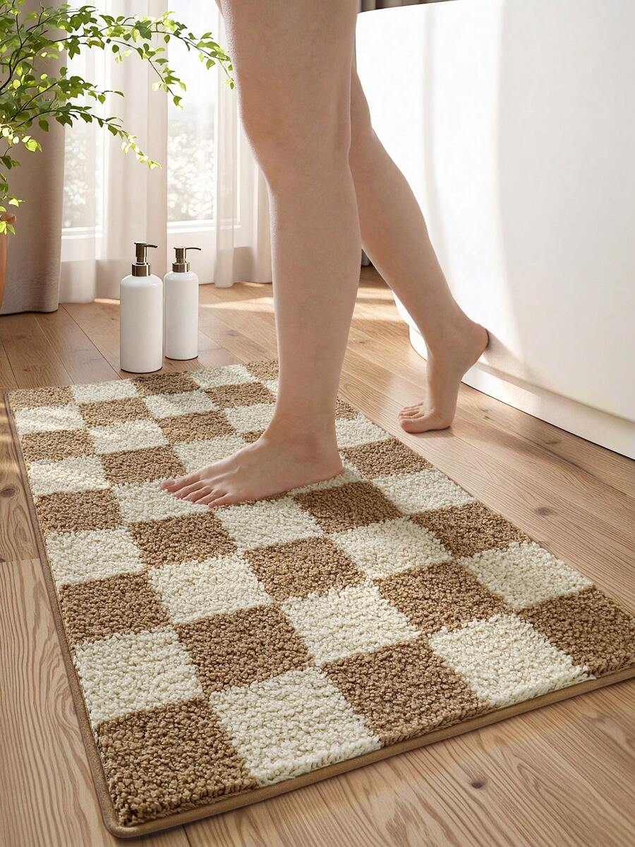 1pc Checkerboard Bathroom Mat, Soft Flocked Non-Slip Bottom Absorbent Comfortable Shower Rug, Machine Washable, Suitable For Sink, Bedroom, Bathroom, Home Decor