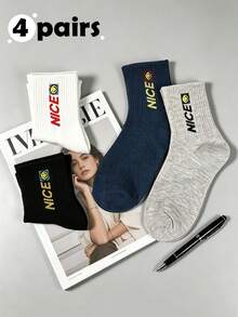 Ins NICE Embroidered Mid-Calf Socks, Unisex Comfortable Breathable, Sports Commute Daily Versatile, 4 Pairs Randomly Shipped - Multicolor - View 2