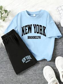 New York Brooklyn Letter Print Casual Crew Neck T-Shirt + Shorts Set, Comfortable Summer Outfit For Teenage Boys - Multicolor - View 1