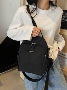 1件純黑色尼龍大容量後背包，通勤休閒百搭時尚女款單肩包 - 黑色 - 查看 10