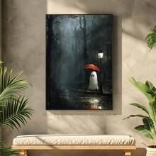 1pc Halloween WAITING Spooky Art Print With Cute Ghost In The Rain Canvas Wall Art, Goth, Macabre, Horror, Haunted Posters For Room,Halloween Print Home Decor, Room Decor Aesthetic,Room Decoration Stuff, Living Room Decor, Optional Frame - Multicolor - View 12