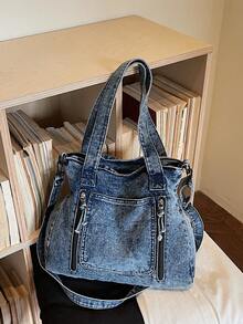 Tas Tote Jeans Cuci Kasual Chic Baru, Gaya Vintage, Kapasitas Besar, Tas Bahu Tunggal dengan Tali yang Dapat Dilepas dan Banyak Kantong, Tas Selempang - Biru - View 6