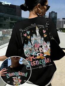 Disney Mickey Friends Print Cotton Short Sleeve Round Neck Casual T-Shirt. Soft, Comfortable And Breathable - 黑色 - 查看 1