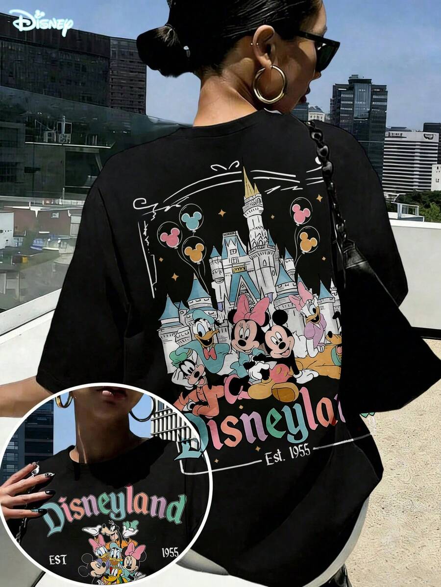 Disney Mickey Friends Print Cotton Short Sleeve Round Neck Casual T-Shirt. Soft, Comfortable And Breathable - 黑色 - 查看 1