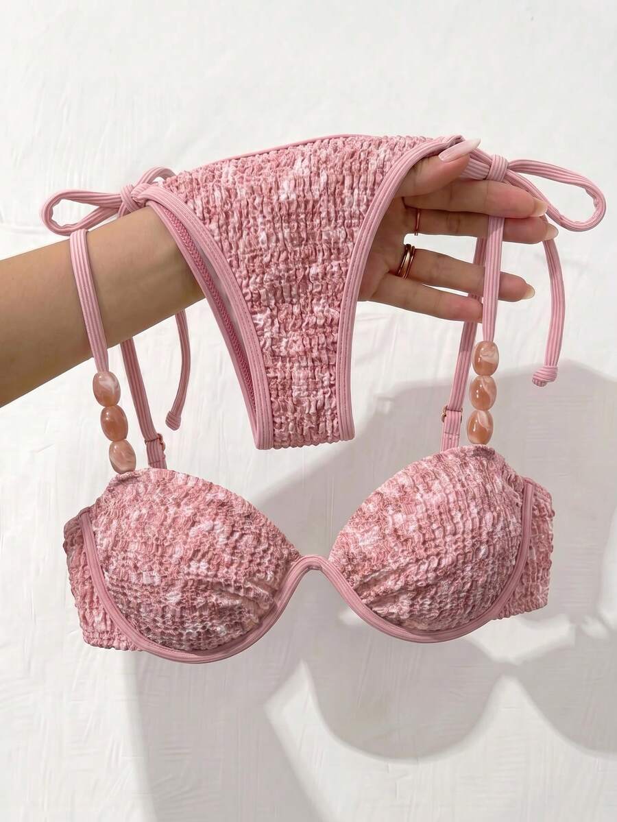 Bikinx 女款紋理比基尼套裝,配珠飾細肩帶與綁帶式後背設計,適合夏季海灘度假,粉紅色 - 粉色 - 查看 1