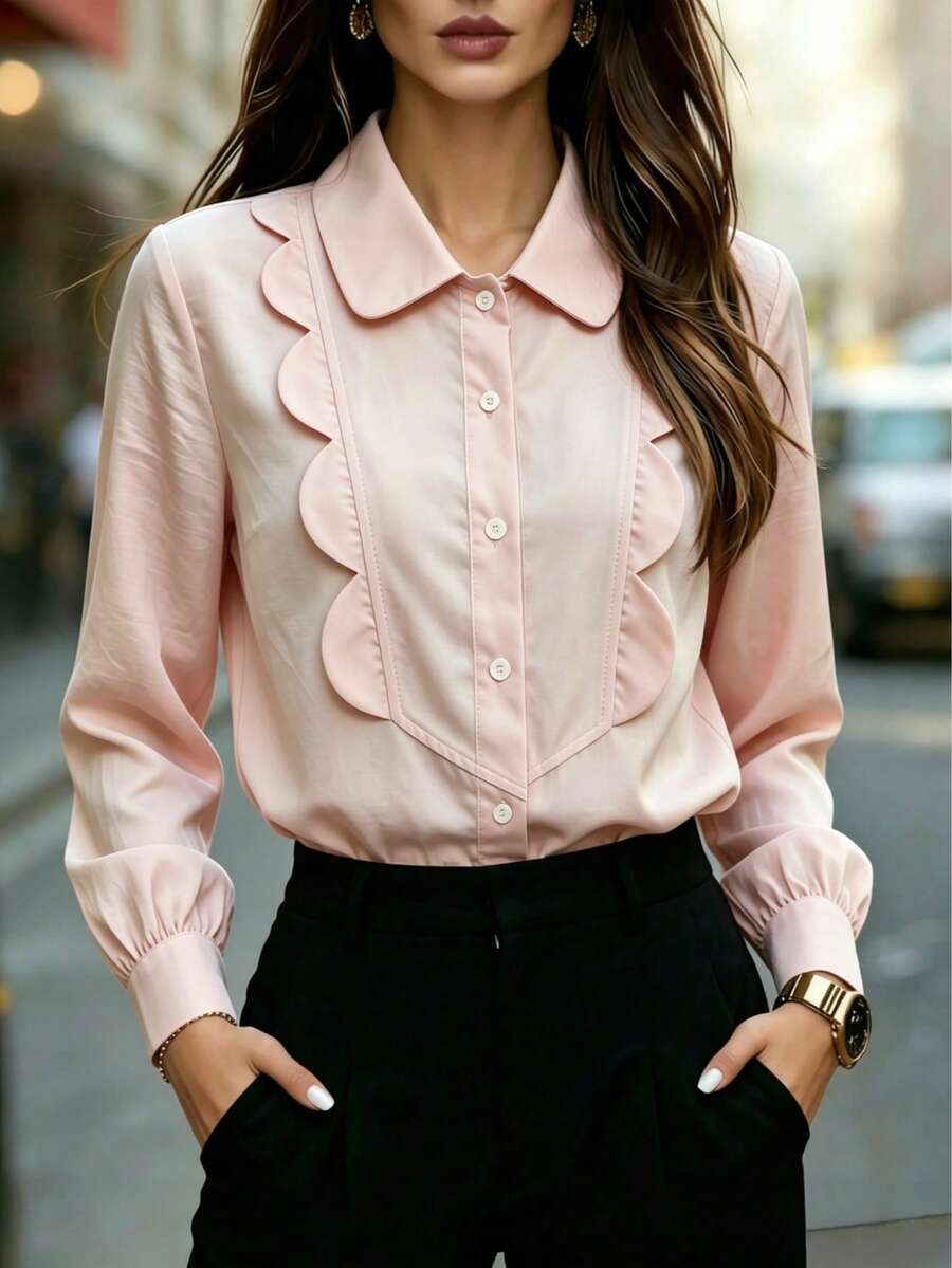 Blus Wanita Lengan Panjang Kancing Depan Berkerut Gaya Preppy Warna Polos, Cocok untuk Kantor, Rumah, Liburan, Hari Raya, Pakaian Sehari-hari, Semua Musim - Baby Pink - View 1