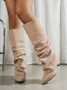 New Women's Slim Fit Ruched High Tube Boots, 2026 Autumn/Winter New Women's Pointed Toe Chunky Heel Outdoor Casual Fashion Tall Boots, Knee-High Boots - Apricot - View 4