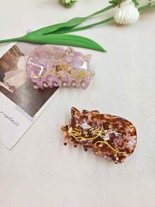 1pc Golden Line Lazy Cat Acrylic Hair Claw, Retro Marble Shell Pattern Cute Animal Jaw Clip For Women Hair Styling - Multicolor - View 2