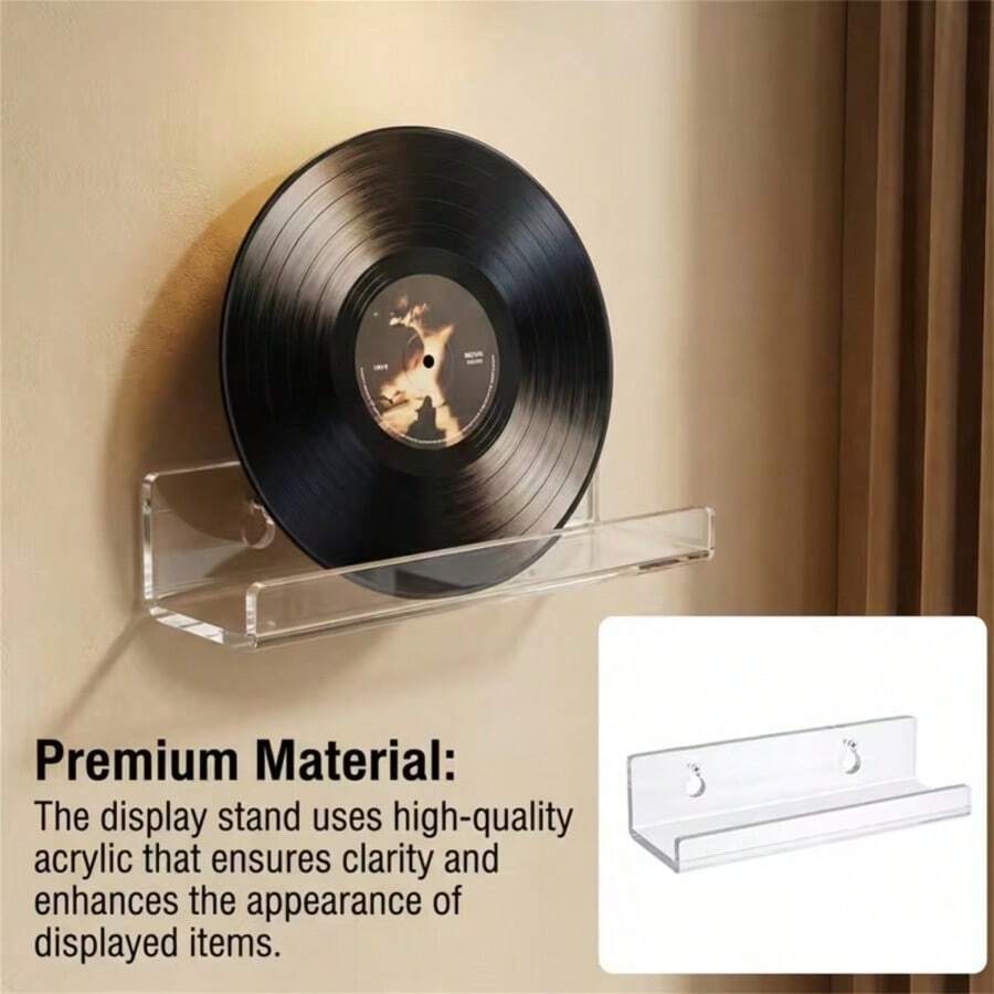 Clear Acrylic Floating Vinyl Record Wall Shelf, Dual Mount Screw Adhesive Display Ledge For LP CD Book Photo Bedroom Studio Cafe DIY Decor | Invisible Wall Storage Rack, Retro Music Wall Display Holder - Transparent - View 1