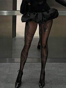 1 Pair Asymmetrical Snake Skin Fishnet Socks; Say Goodbye To The Monotony Of Basic Black Socks, 3D Python Texture Enhances Leg Lines - Black - View 7