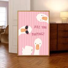 1 pieza/Set Arte de pared en lienzo, Póster de pared de baño con ganso lindo y humorístico "¿Estás haciendo caca?", Fondo de rayas rosas, Póster de pato humorístico, Diseño minimalista de papel higiénico, Adecuado para baño, baño de niños y baño de invitados, Marco no incluido - Dibujos animados - Ver 5