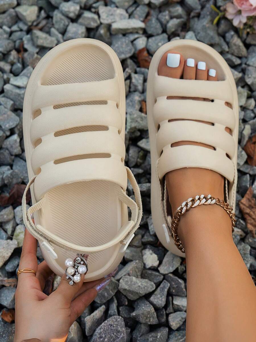 Women's Summer Casual Minimalist Versatile Solid Color Round Toe Thick Sole Wear-Resistant Breathable Slippers Open Toe Sandals Suitable For Indoor Outdoor Vacation