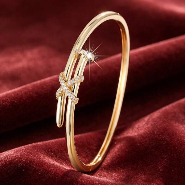 1pc Minimalist Geometric Intersecting Lines Design Cubic Zirconia Inlaid Women Bracelet