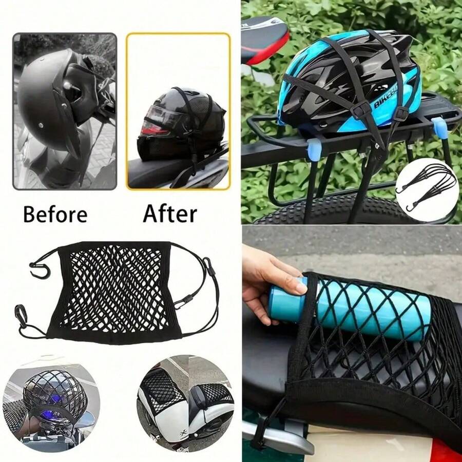 2pcs Large Elastic Bungee Cord And Non-Slip Mesh Bag, Used As Elastic Straps For Motorcycles And Bicycles, Suitable For Securing Helmets Or Other Items. It Is Made Of Black Elastic Mesh Material, Helping To Ensure The Storage Of Items. - 2 - View 1