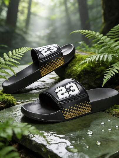 1 Paar schwarze & goldene Slip-On Slides in Größe 23, weiche Sohle, federnd, leicht, atmungsaktiv, geeignet für Innen, Außen, Strand, Sand, tägliches Tragen