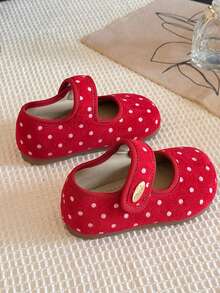 Four Seasons Vintage Matte Suede Mary Jane Princess Shoes For Girls, All-Over White Polka Dot Print + Metal Snap Design, Lightweight Soft Sole Anti-Slip Low Vamp Shoes For Baby Girls' New Year Outfits - Red - View 5