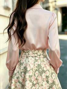 Women's Solid Satin Lace Collar Chest Ruffle Shirt, Button Front Long Sleeve Top For Office, Home, Vacation, Holiday, Spring Summer Fall Winter Pink - Pink - View 3