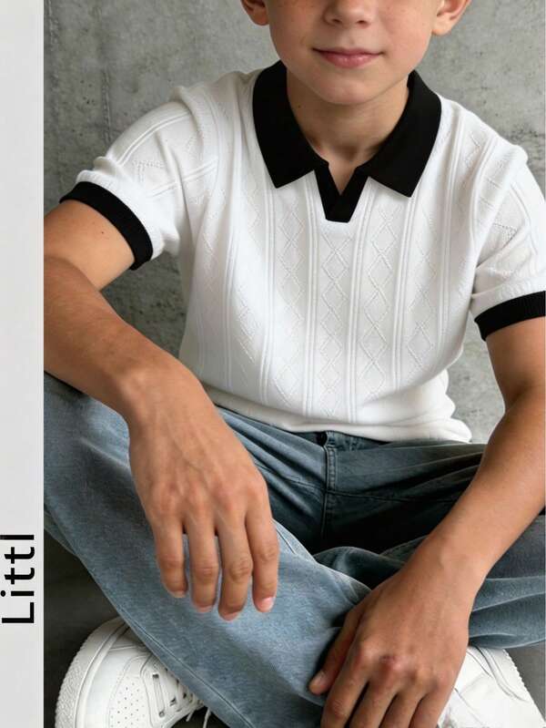 Boys' Jacquard Hollow-Out Knit Contrast Collar Short Sleeve Polo Sweater