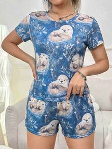 Women's Otter Print Short Sleeve Pajama Shorts Set, 2 Pieces - Blue - View 3