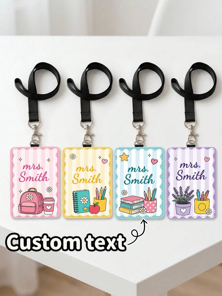 1pc Customized Personalized Teacher Leather ID Badge Holder, Teacher School Lanyard Accessory, Back To School Teacher Gift, Customized ID Badge Holder School Supplies Theme, Personalized Gift - Multicolor - View 1