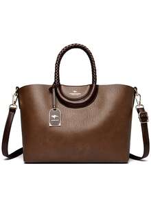 Fashionable Women's PU Leather Large Capacity Tote Bag, Solid Color Shoulder & Crossbody Bag, Suitable For Commute And Party - Brown - View 3