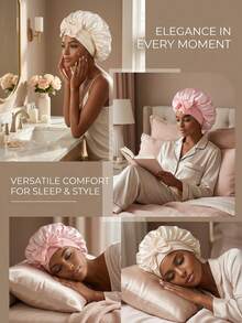 Awegeo 2Pcs Women's Bonnet Solid Color Tie Design Silky Satin Cap Casual Comfortable Home Sleep Cap Daily Hair Protection Cap - 2Pcs - View 10