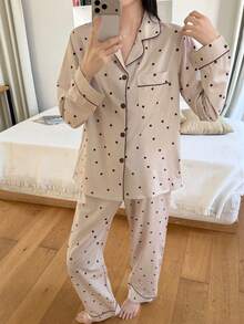 Women's 2-Piece Star & Polka Dot Print Romantic Loungewear Set, Ramadan Lapel Cardigan, Long Sleeve Pants Pajama Set, All Season - Light Grey - View 5