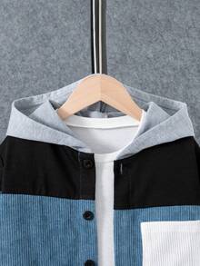 Boys' Fashion Casual 3-Section Color Block Black & White Contrast Hooded Single-Breasted Long Sleeve Jacket, Spring/Autumn - Multicolor - View 3