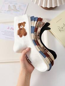 5 pares de calcetines de mujer con combinación multicolor, calcetines de media pantorrilla con doble capa de oso de peluche aterciopelado & patchwork a rayas, nuevo estilo para todas las estaciones - Multicolor - Ver 2