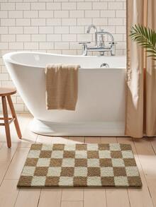 1pc Checkerboard Bathroom Mat, Soft Flocked Non-Slip Bottom Absorbent Comfortable Shower Rug, Machine Washable, Suitable For Sink, Bedroom, Bathroom, Home Decor - Multicolor - View 5