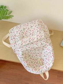 1pc White Nylon Floral Print Double Zipper Large Capacity Fashion Versatile Backpack, Student Bag - White - View 2