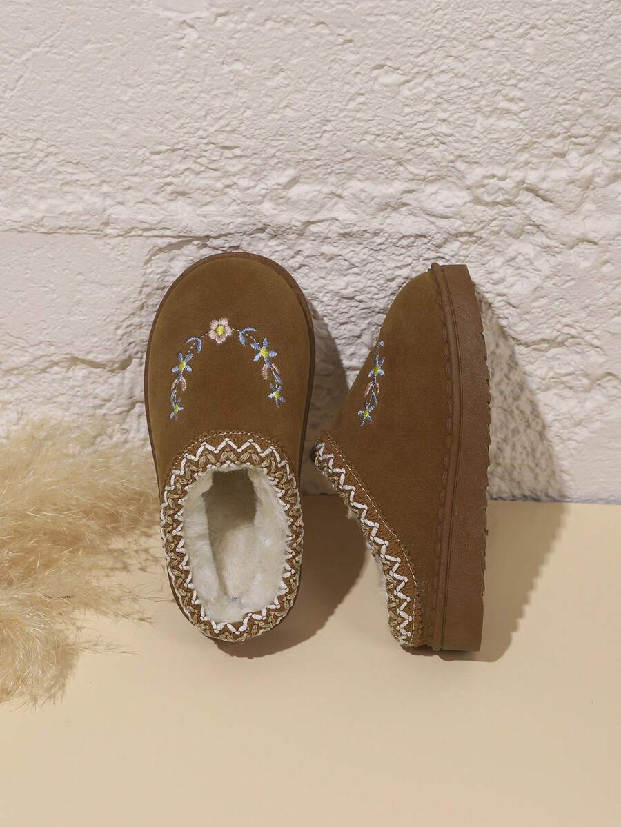 Unisex Kids Vintage Woven Trim Embroidered Slippers, Versatile Autumn/Winter Home Warm Slippers - Brown - View 1