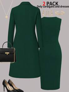 Plus Size Women's New Elegant 2-Piece Set, Solid Color Long Sleeve Cardigan Blazer Jacket + Sleeveless Button-Down Midi Dress, Suitable For Spring, Autumn And Winter - Dark Green 31 - View 4