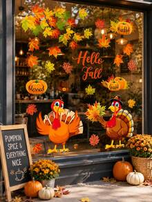 2pcs Thanksgiving Window Stickers, Removable Glass Decals, Cartoon Turkey Pumpkin Maple Leaf Hello Fall Pattern, Window Door Wall Party Decoration, For Adults, Thanksgiving Decor, Autumn Harvest Seasonal Holiday Decoration Supplies - Multicolor - View 7