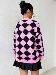 Große Größen Rosa & Schwarz Argyle Muster Rundhals Langarm Pullover für Frauen, perfekt für Winter & Preppy Stil Urlaub Herbst - Verschiedenfarbig - Übersicht 2