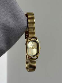 1 pieza Reloj de cuarzo con patrón de bambú cuadrado en oro/plata, adecuado para uso diario, regalo de cumpleaños, Navidad - Dorado - Ver 4