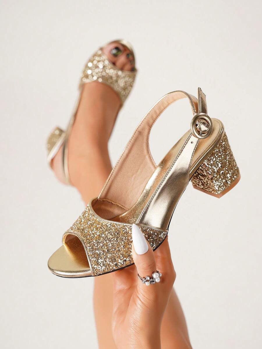 時尚粗跟金色高跟涼鞋,圓頭粗跟簡約設計,粗跟鞋,金色亮片拼接,金色PU鞋面,約會穿搭 - 金色 - 查看 1