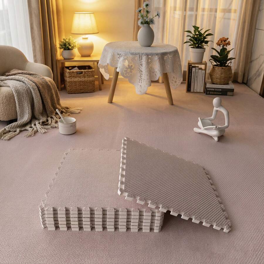 10片裝新款仿劍麻拼接拼圖地毯磚，150cm*60cm*0.6cm，裝飾性可水洗輕量地毯，不掉毛、不褪色，舒適面料，仿劍麻面層搭配EVA底層，可自定義裁剪，適用於臥室、客廳、書房、遊戲室及日常居家使用