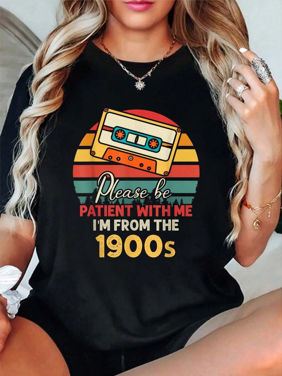 100% Cotton Please Be Patient With Me I'm From The 1900s Cool Dad T-Shirt Women's Breathable Summer Tee Fashion Shirts - Black - View 1