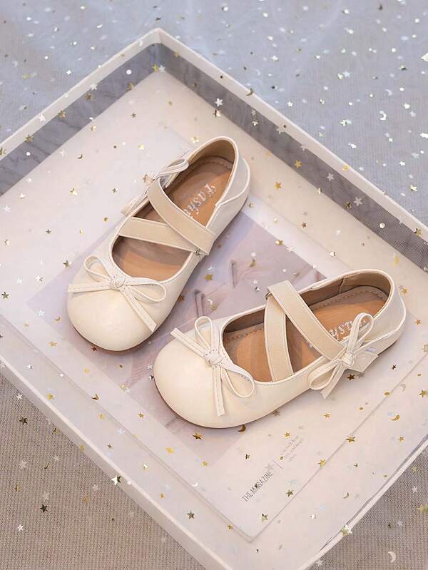 Girls' Mary Jane PU Upper Flat Shoes With Criss-Cross Elastic Straps, Soft Sole Princess Dress Shoes For Baby 1st Birthday