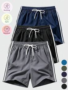 男士休閒灰色側邊白條紋抽繩短褲，彈性腰帶舒適運動短褲附口袋，輕量透氣夏季日常運動健身街頭風短褲 - 灰色 - 查看 1