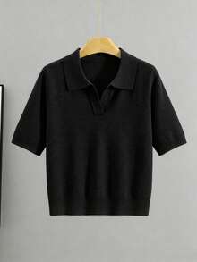 GIGOGOU 春夏女款半袖針織 Polo 領休閒舒適軟綿毛衣上衣，黑色 - 黑色 - 查看 4