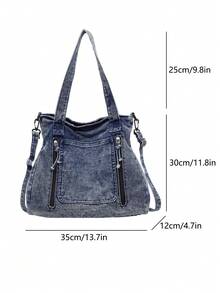 Tas Tote Jeans Cuci Kasual Chic Baru, Gaya Vintage, Kapasitas Besar, Tas Bahu Tunggal dengan Tali yang Dapat Dilepas dan Banyak Kantong, Tas Selempang - Biru - View 12